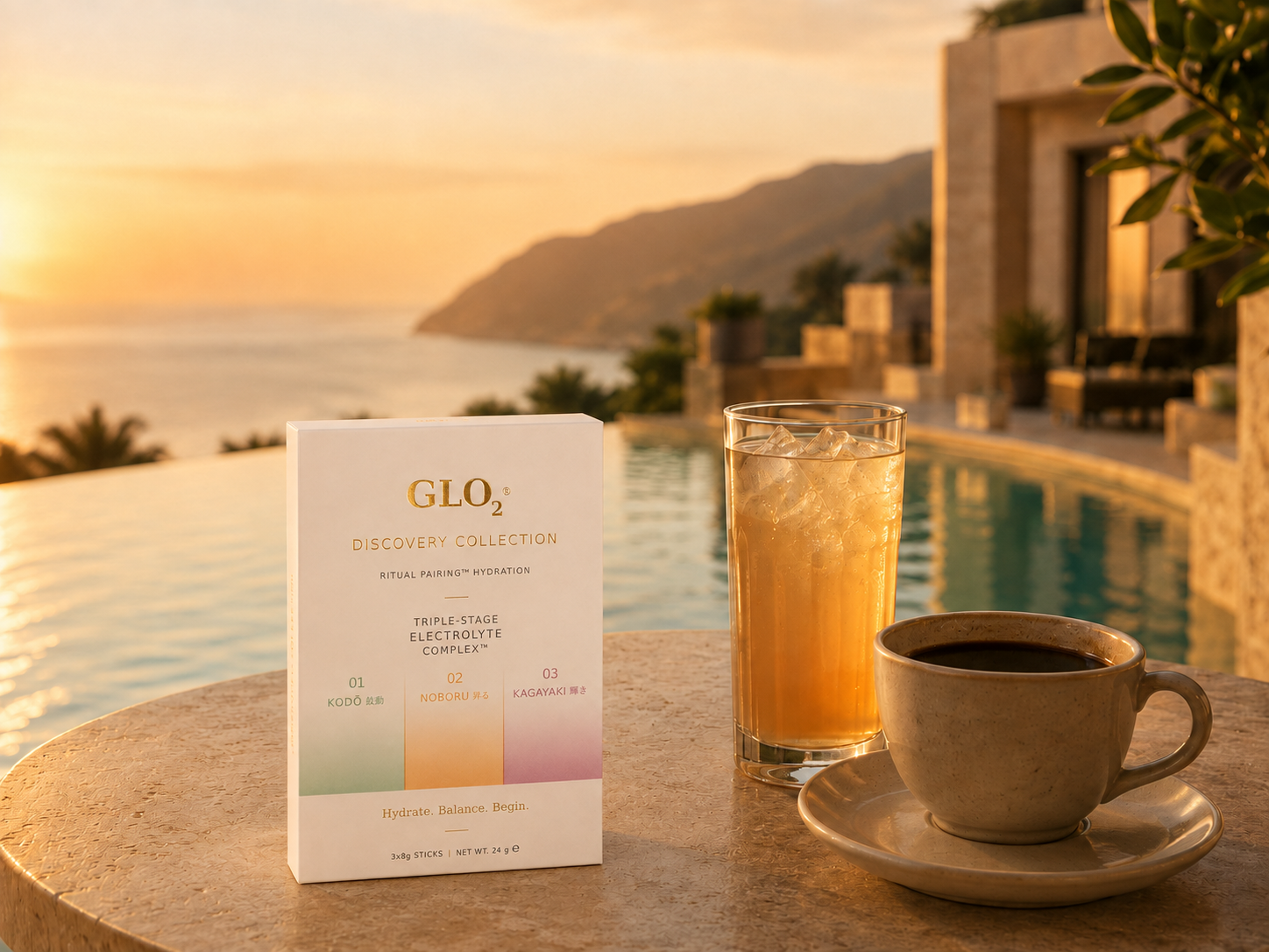 GLO₂ Discovery Collection beside a hydration drink and coffee