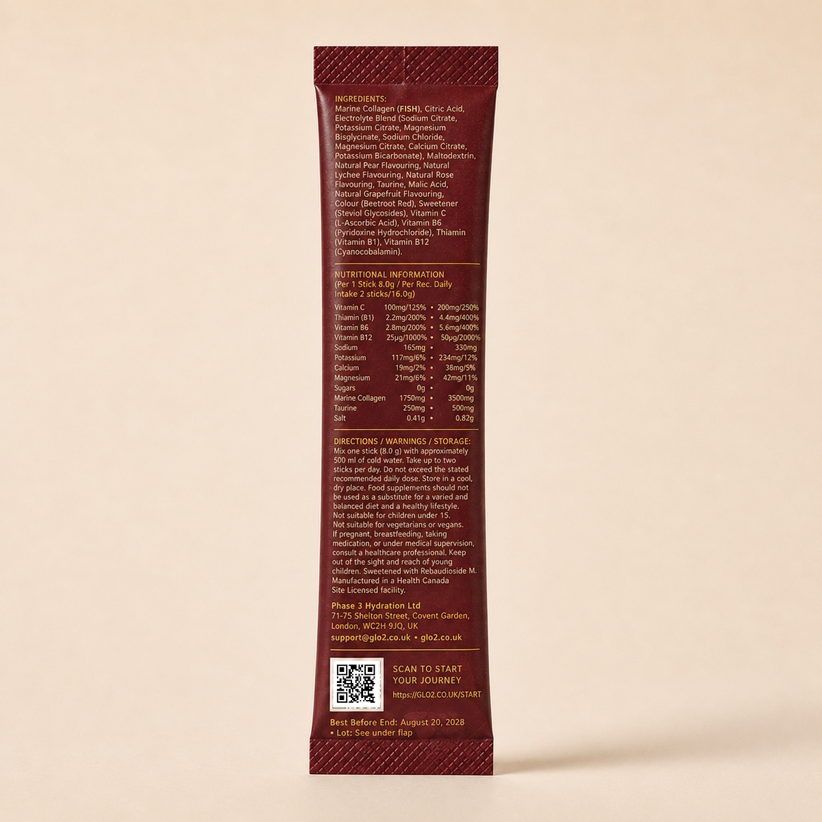 GLO₂ KAGAYAKI Radiate stick pack back panel with ingredients and nutrition facts