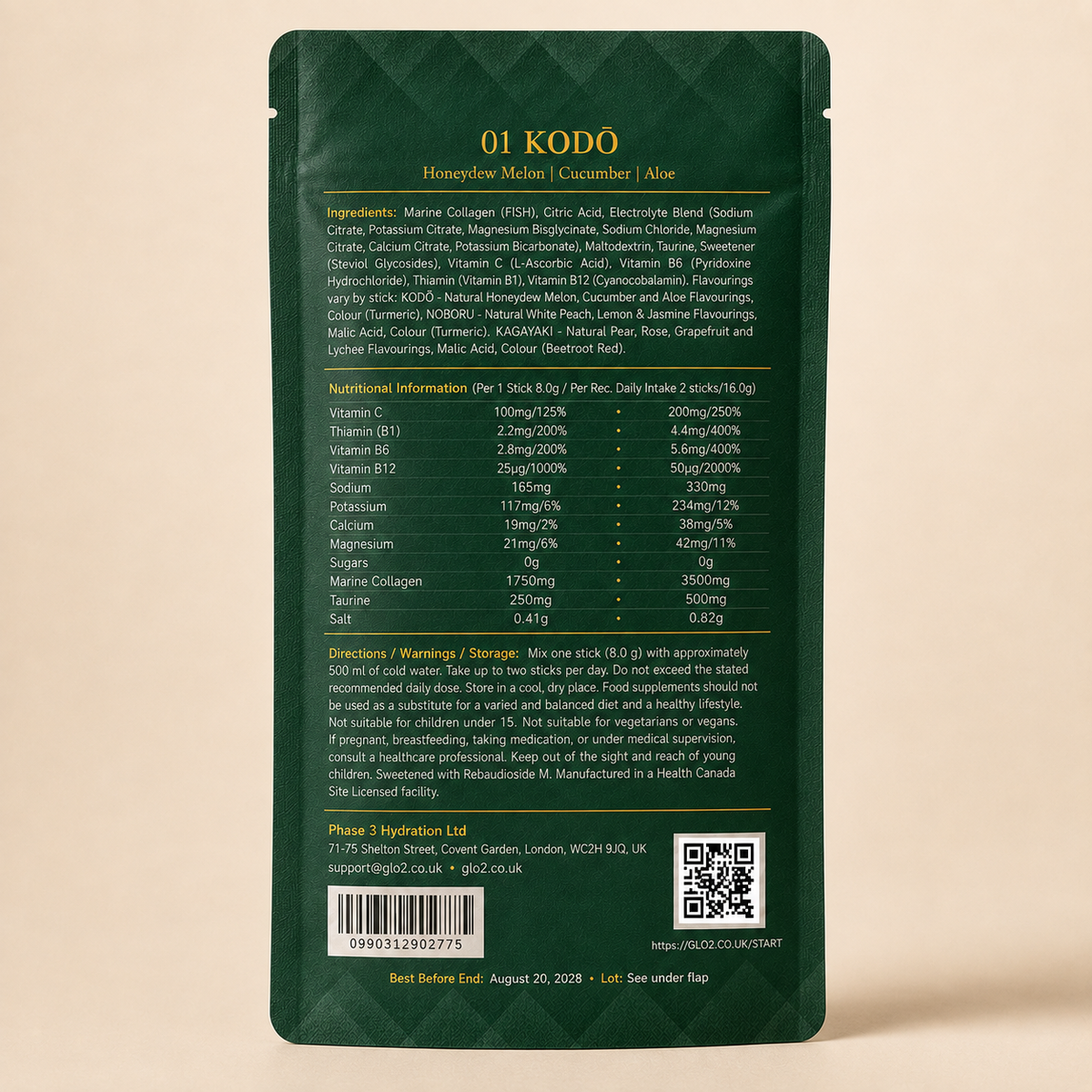 GLO₂ KODŌ Pulse stand-up pouch back panel with ingredients and nutrition facts