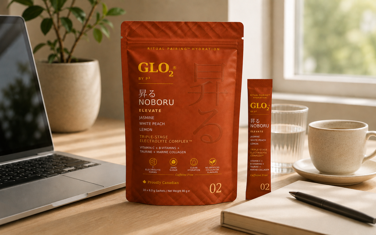 GLO2 NOBORU work desk lifestyle shot - kanji and HYDRATION spelling confirmed correct, final approved