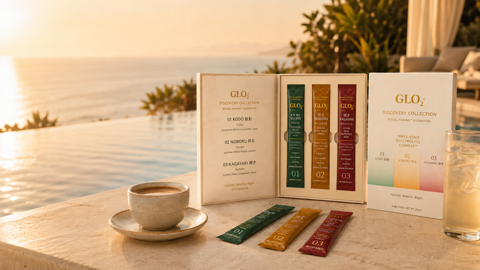 GLO₂ Discovery Collection by the pool with individual KODŌ, NOBORU, and KAGAYAKI sticks