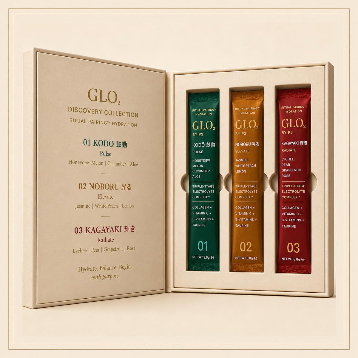 GLO₂ Discovery Collection presentation box with three signature hydration flavours