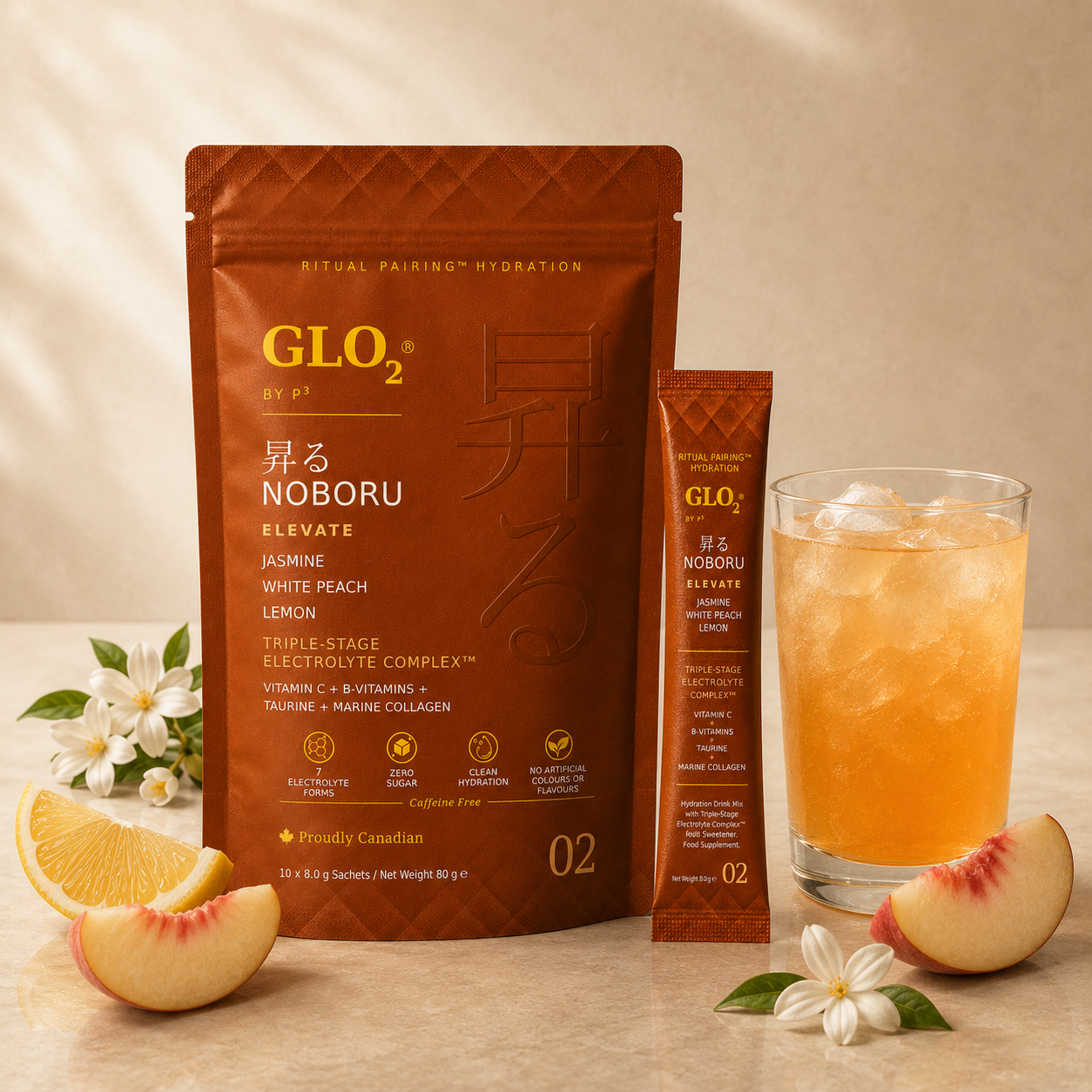 GLO₂ NOBORU Elevate hydration stick pack, stand-up pouch, and prepared drink with jasmine, white peach, and lemon