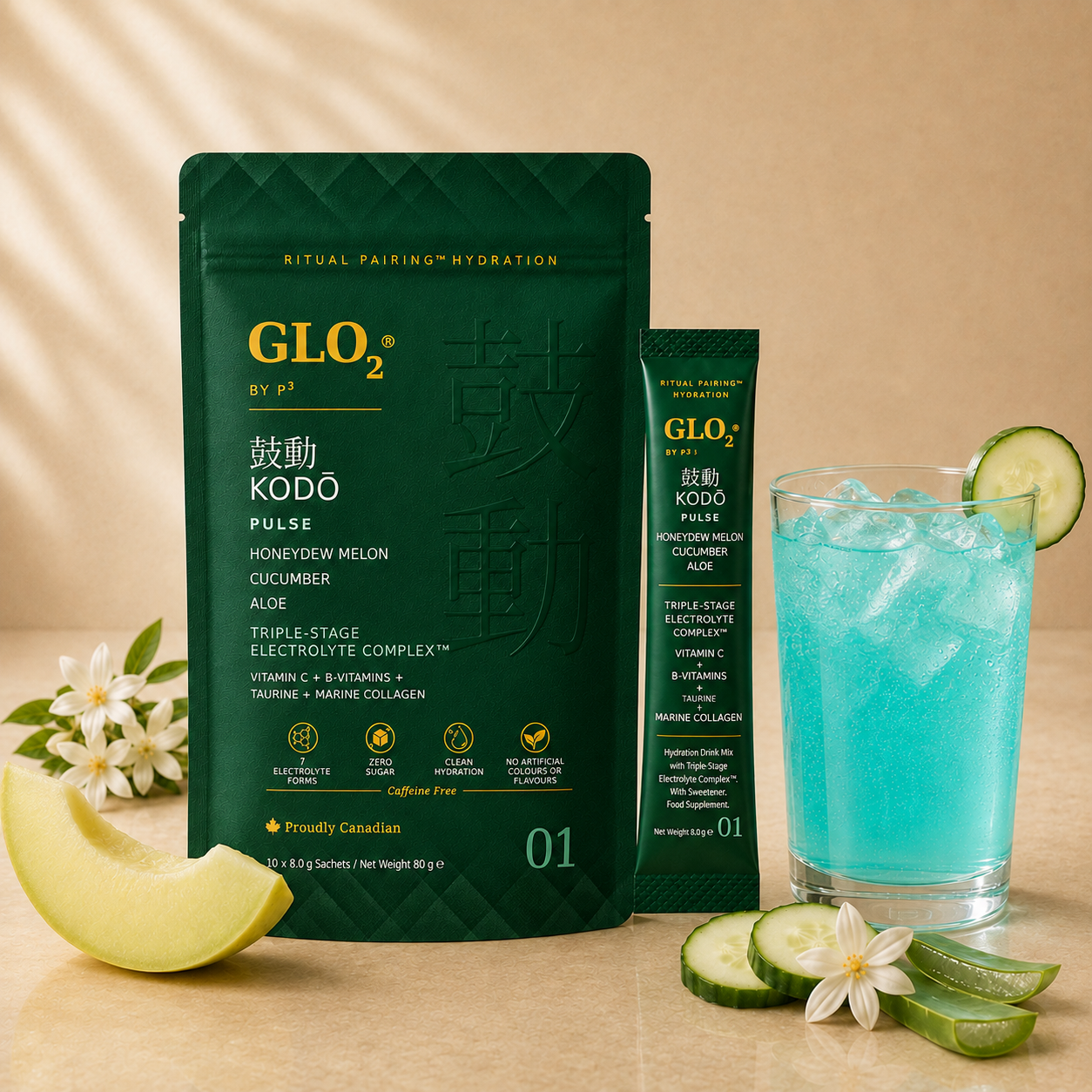GLO₂ KODŌ Pulse hydration stick pack, stand-up pouch, and prepared drink with honeydew melon, cucumber, and aloe