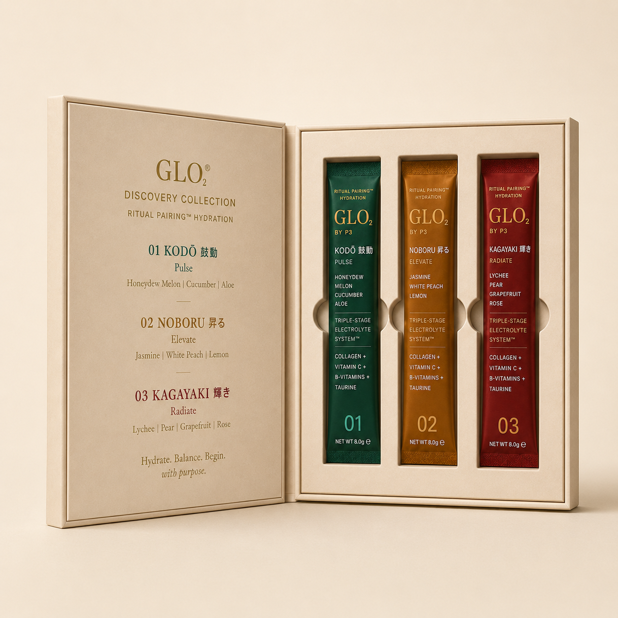 Open GLO₂ Discovery Collection box with KODŌ, NOBORU, and KAGAYAKI sticks