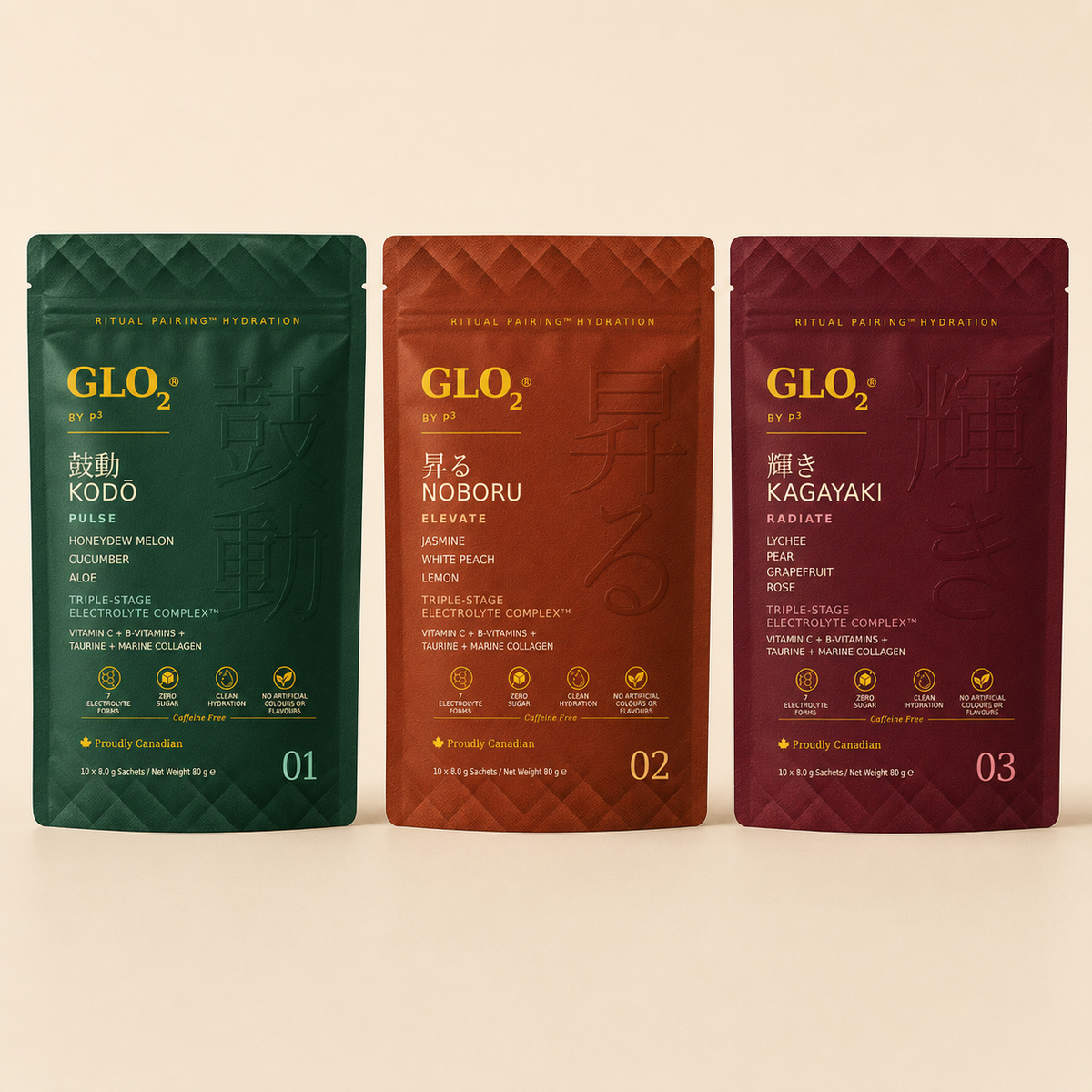 GLO₂ Full Ritual Collection with KODŌ, NOBORU, and KAGAYAKI hydration pouches