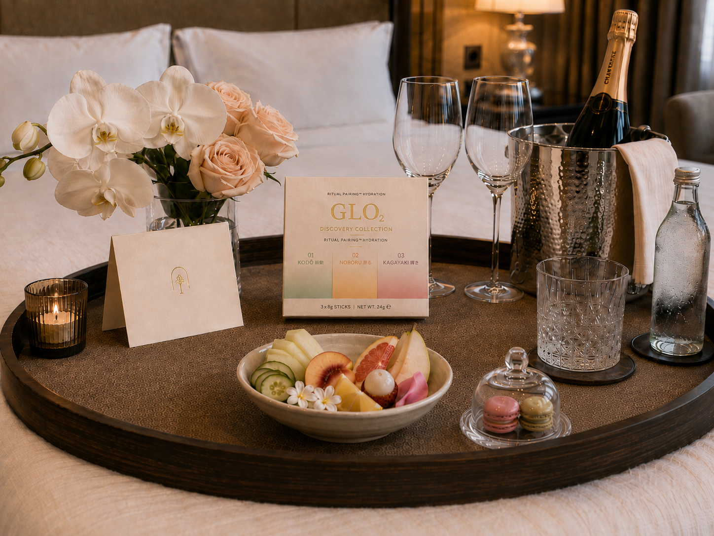 GLO2 hospitality champagne welcome tray - sealed champagne, correct fruit bowl, correct kanji, final approved