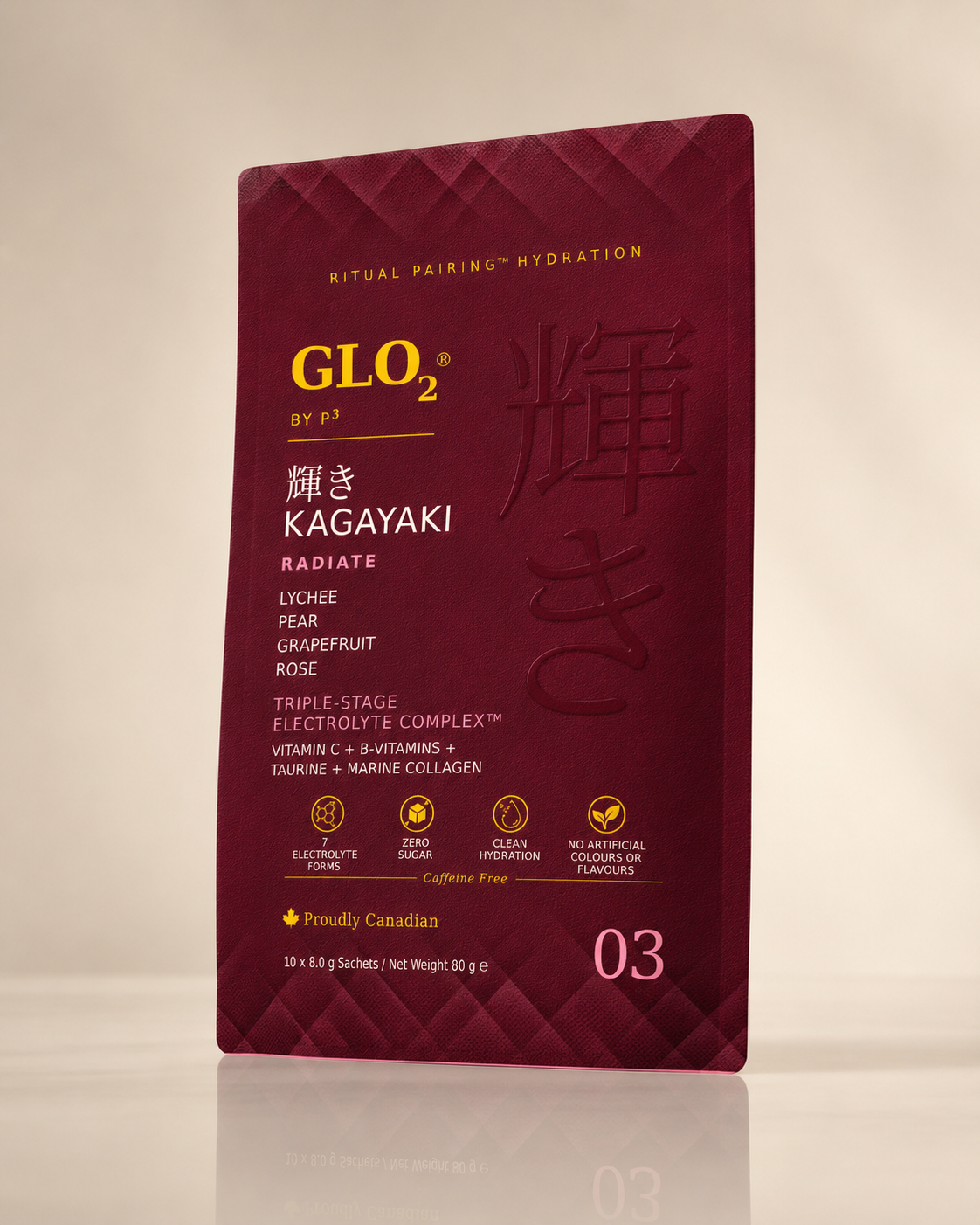 GLO₂ KAGAYAKI Radiate stand-up pouch, 3/4 angle studio shot