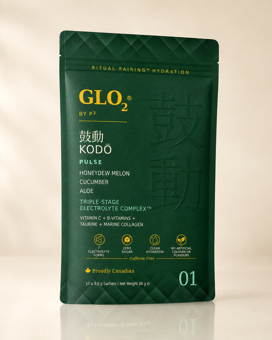 GLO₂ KODŌ Pulse stand-up pouch, 3/4 angle studio shot