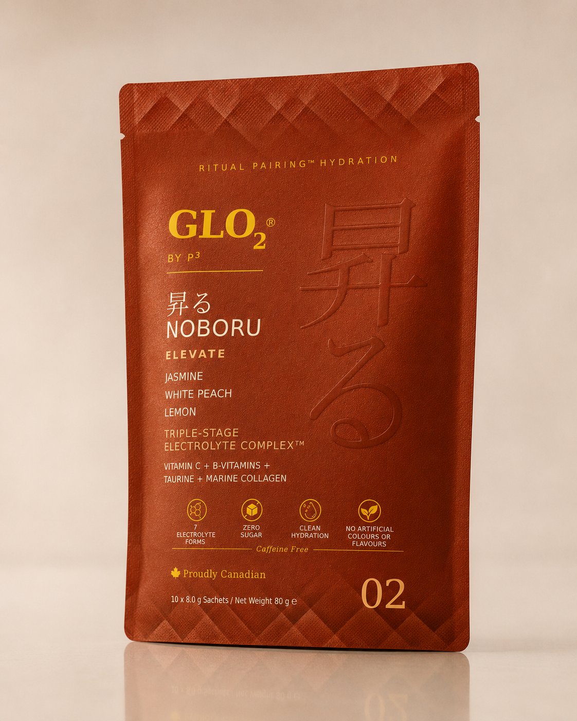 GLO₂ NOBORU Elevate stand-up pouch, 3/4 angle studio shot