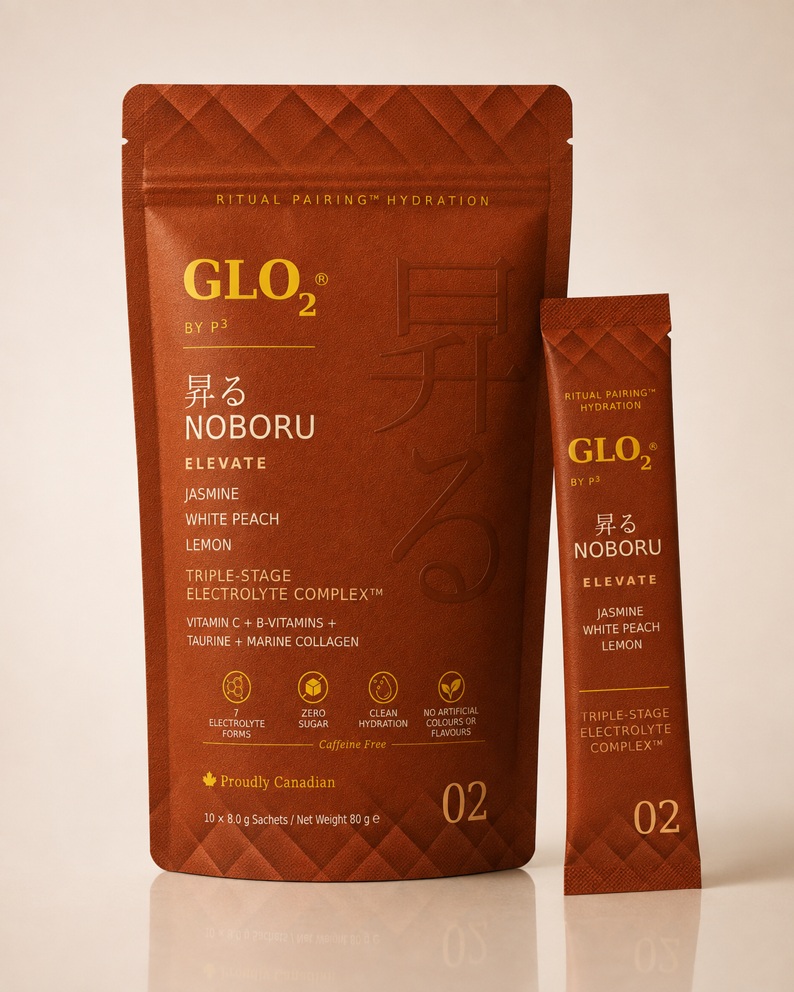 GLO₂ NOBORU Elevate stand-up pouch and stick pack together, studio shot